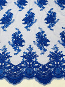 Floral Damask Lace Fabric - Royal Blue - Embroidered Damask Flowers on Lace Fabric By Yard