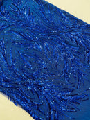 Leaf Design Stretch Sequins - Royal Blue - 4 Way Stretch Lace Mesh Sequins Fabric by Yard