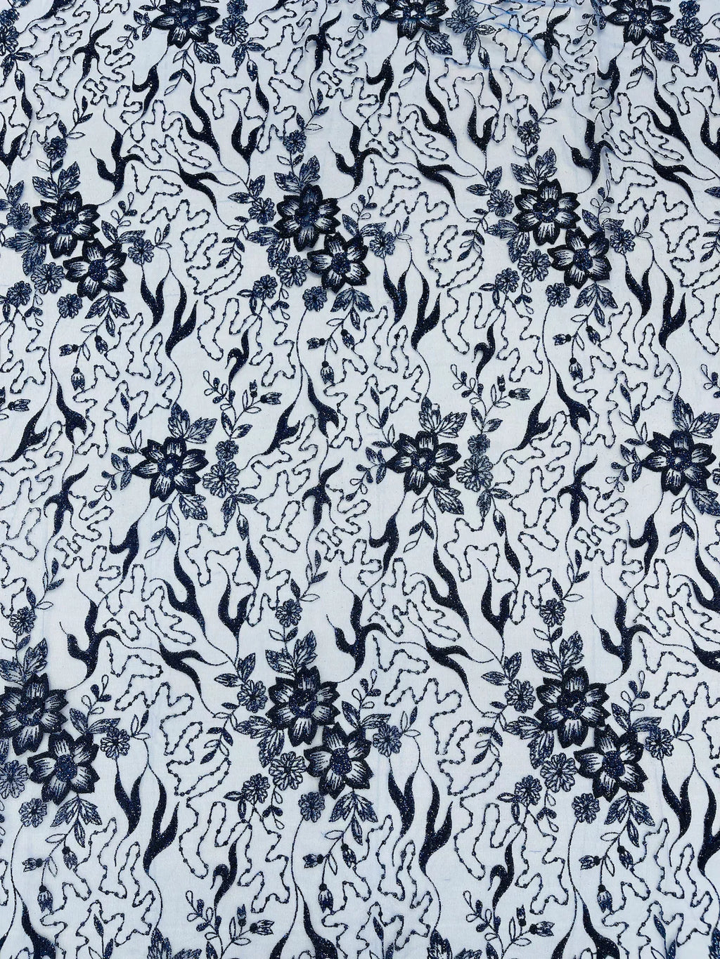 Flower Glitter Fabric - Royal Blue - 3D Floral Tulle Fabric for Wedding, Quinceañera By Yard