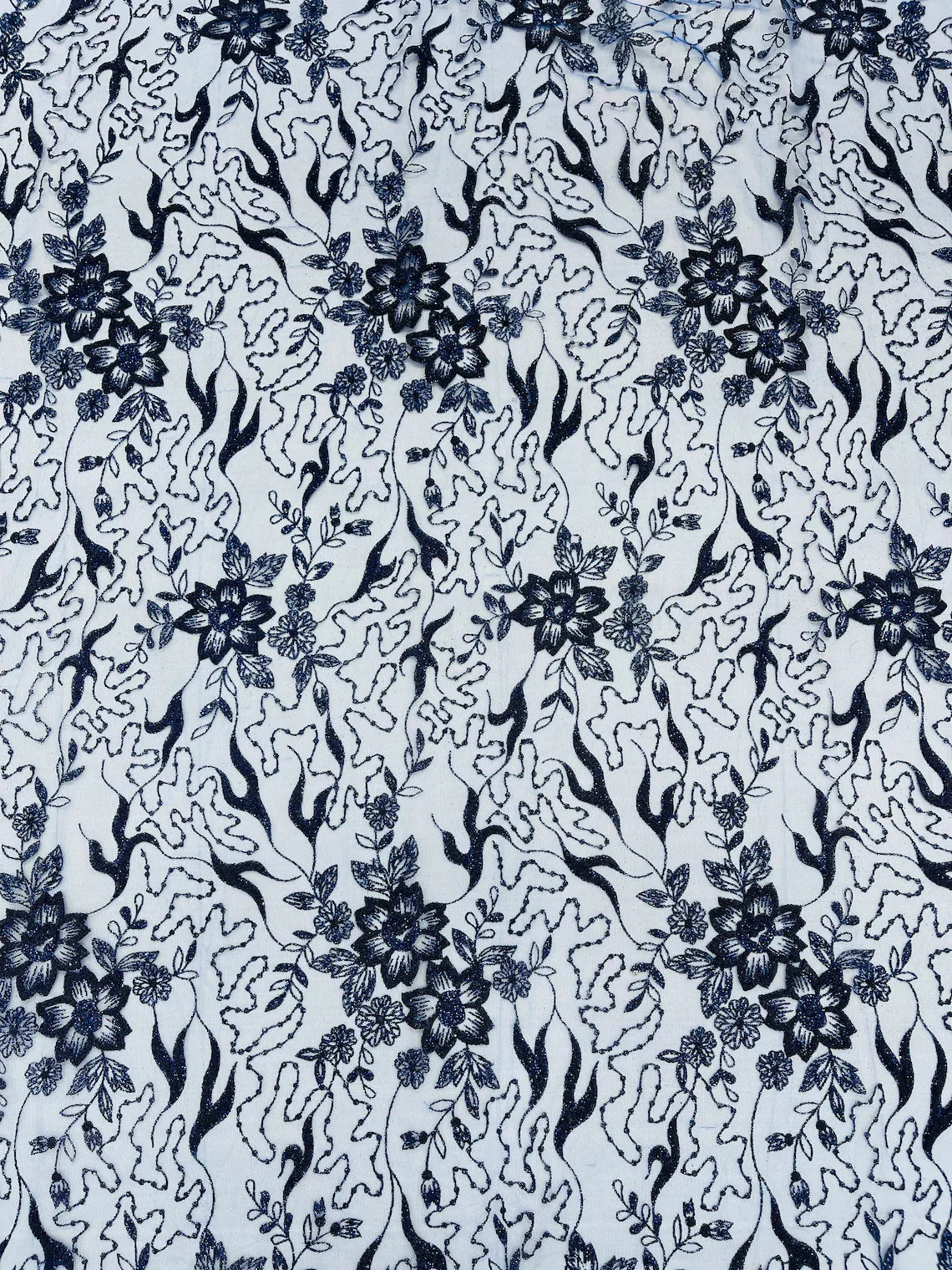 Flower Glitter Fabric - Royal Blue - 3D Floral Tulle Fabric for Wedding, Quinceañera By Yard