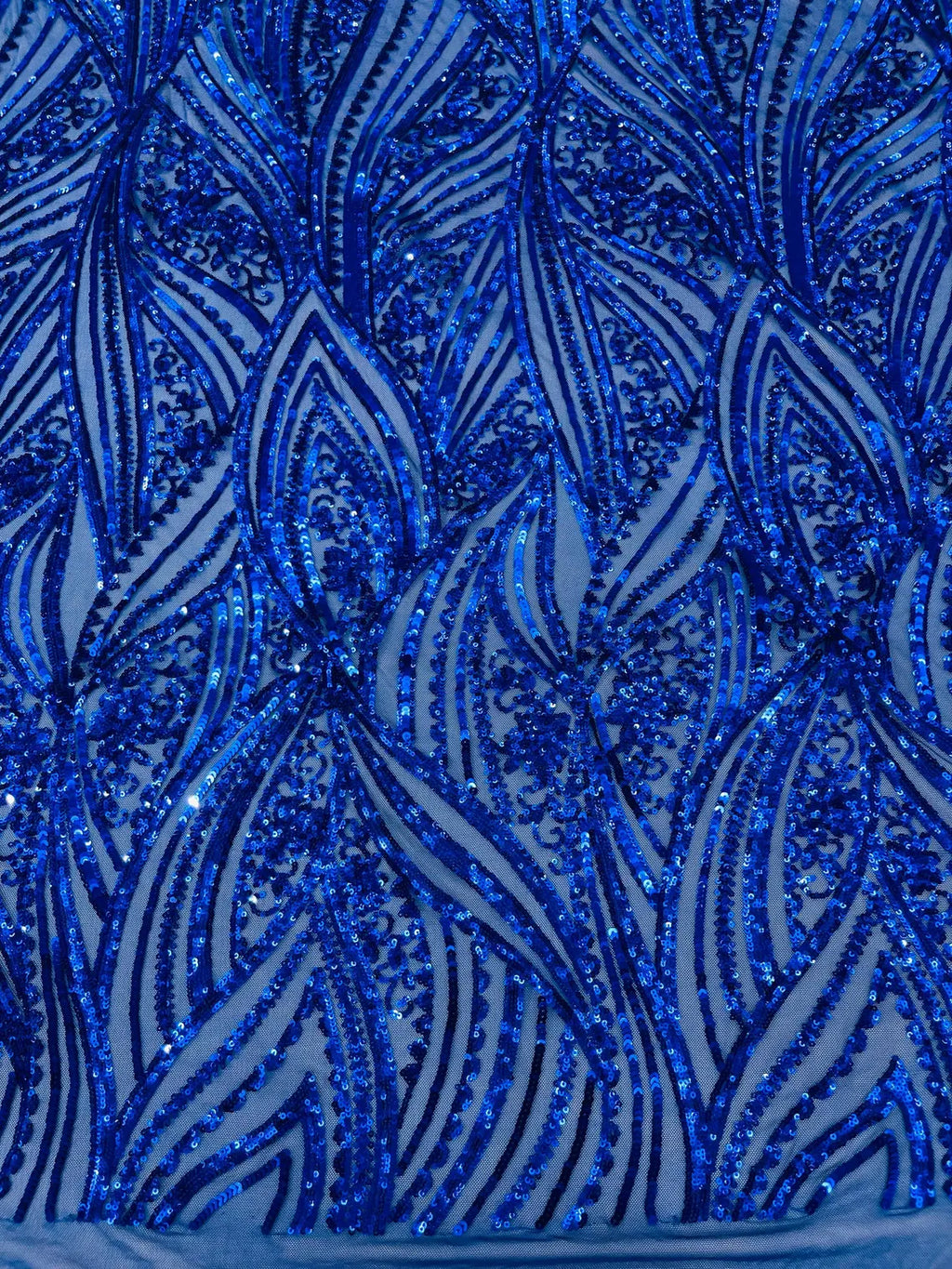 Curvy Line Design Fabric - Royal Blue - 4 Way Stretch Sequins Design Mesh Lace Fabric by Yard