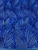 Curvy Line Design Fabric - Royal Blue - 4 Way Stretch Sequins Design Mesh Lace Fabric by Yard
