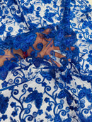 Butterfly Swirl Lace Fabric - Royal Blue - Metallic Sequins Design on Lace Fabric By Yard