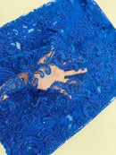 King Lace Pattern Fabric - Royal Blue - Embroidered Sequins on Lace Mesh Fabric By Yard