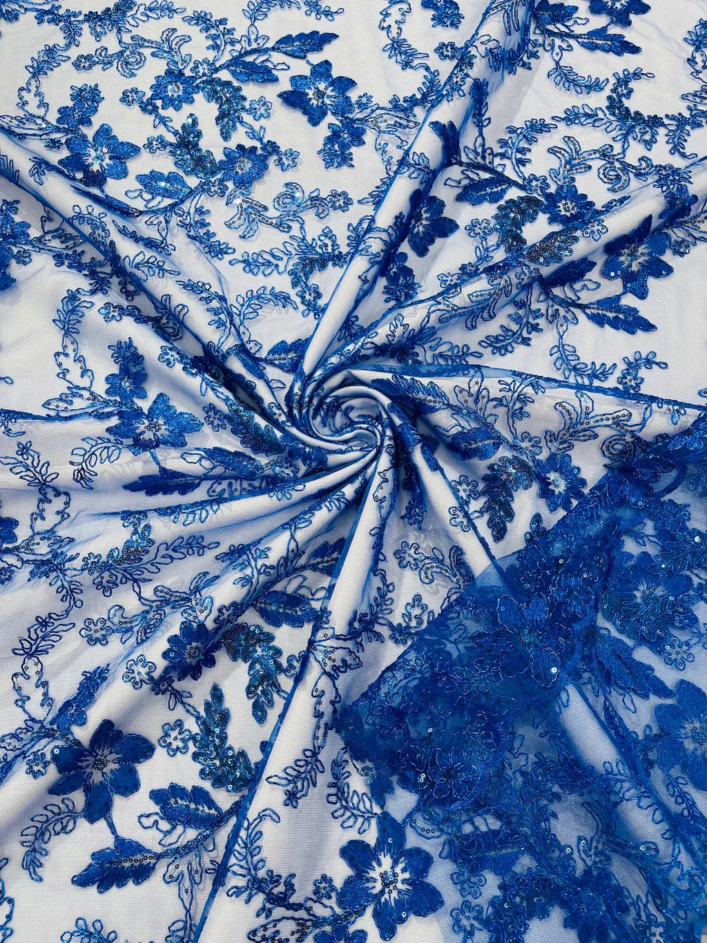 Floral Metallic Lace Fabric - Royal Blue - Corded Embroidered Floral Sequins Fabric by Yard