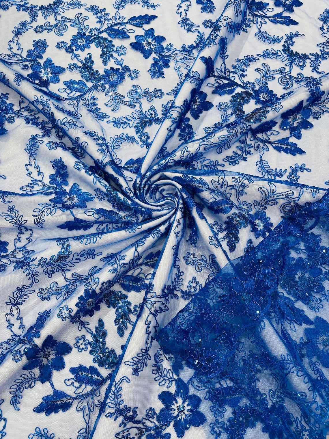 Floral Metallic Lace Fabric - Royal Blue - Corded Embroidered Floral Sequins Fabric by Yard