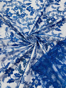 Floral Metallic Lace Fabric - Royal Blue - Corded Embroidered Floral Sequins Fabric by Yard