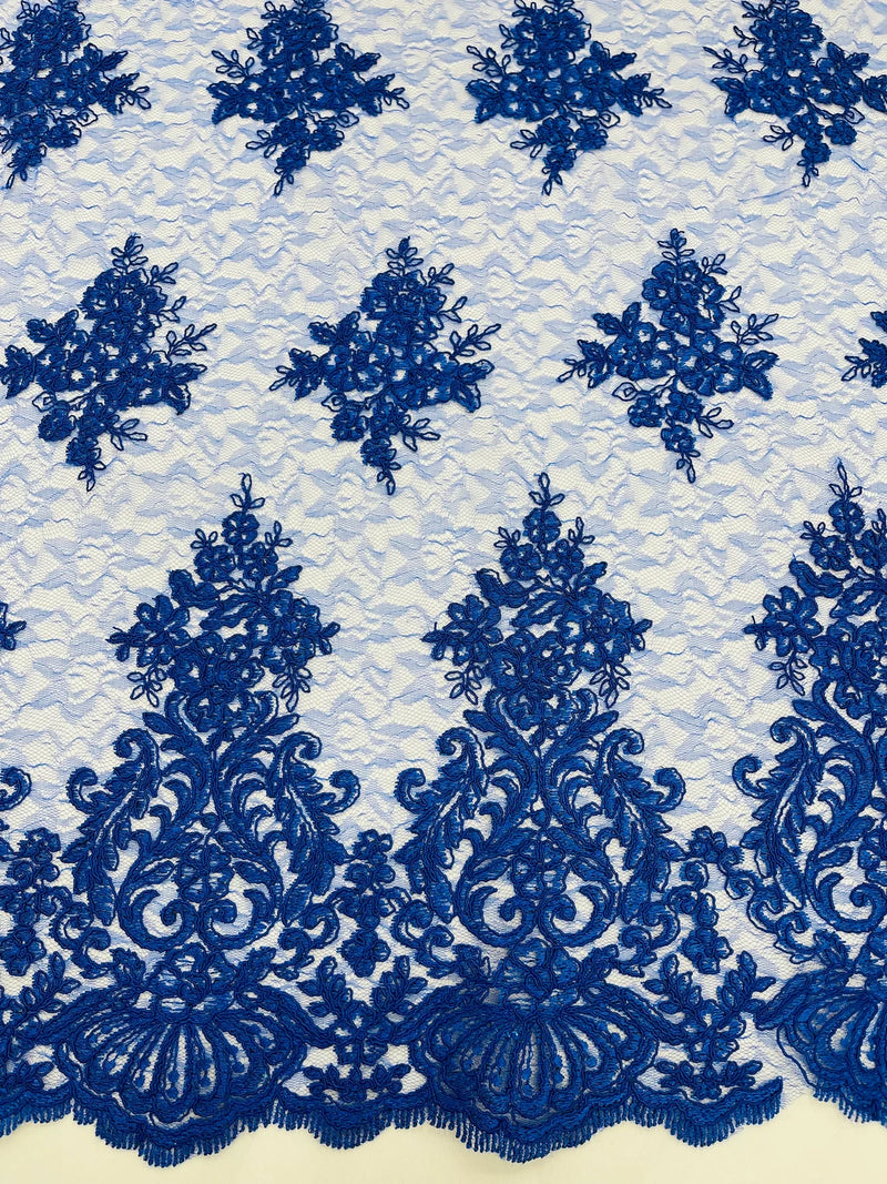 Damask Border Corded Lace - Royal Blue - Floral Cluster Design Damask Border on Lace Fabric Yard