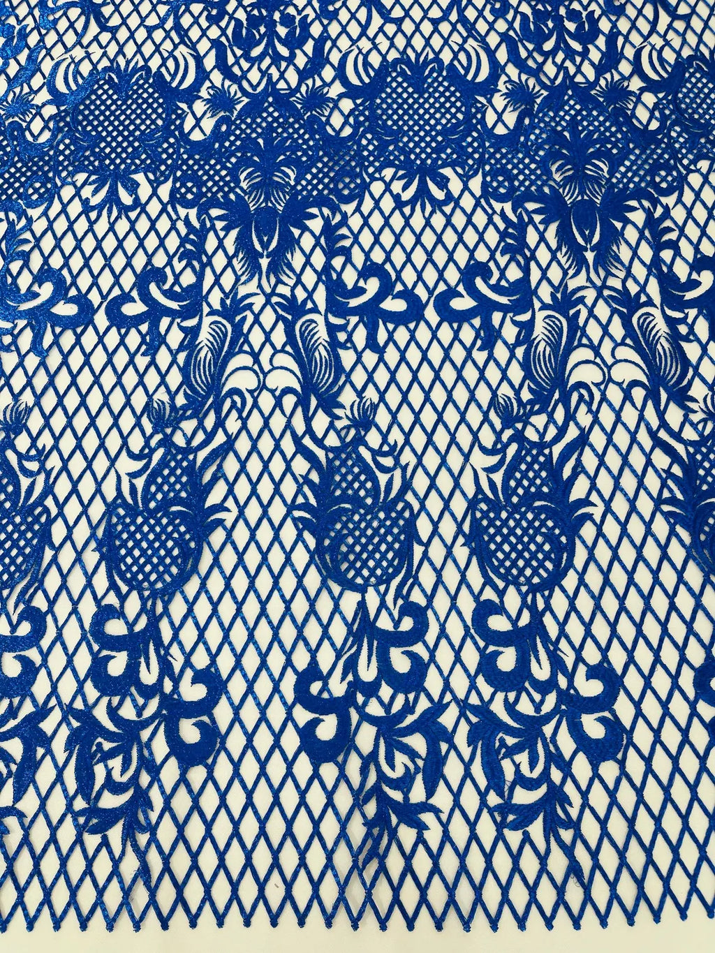 Damask on Net Lace Fabric - Royal Blue - Embroidered Lace Mesh Damask Design Fabric by Yard
