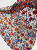 Floral Multi-Color Lace Fabric - Royal Blue / Orange / Red - Embroidered Design Lace By Yard