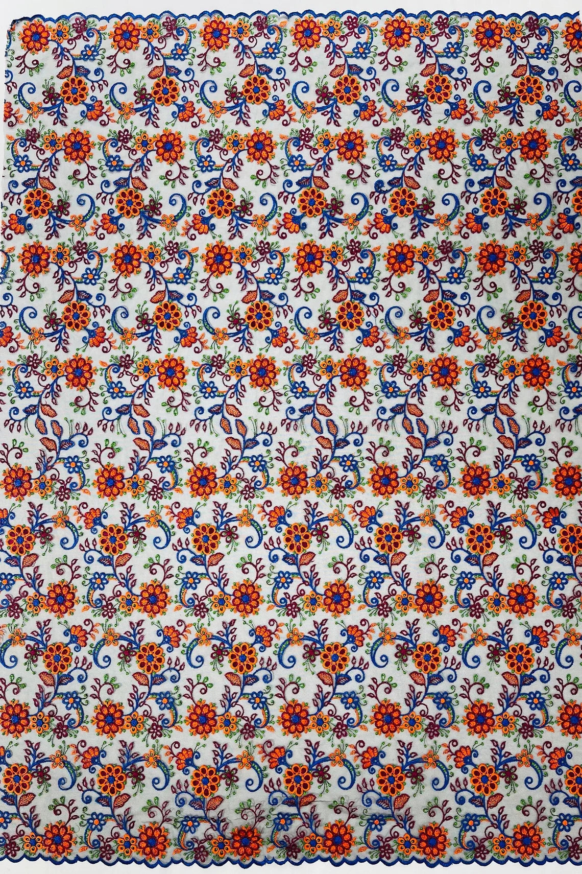Floral Multi-Color Lace Fabric - Royal Blue / Orange / Red - Embroidered Design Lace By Yard