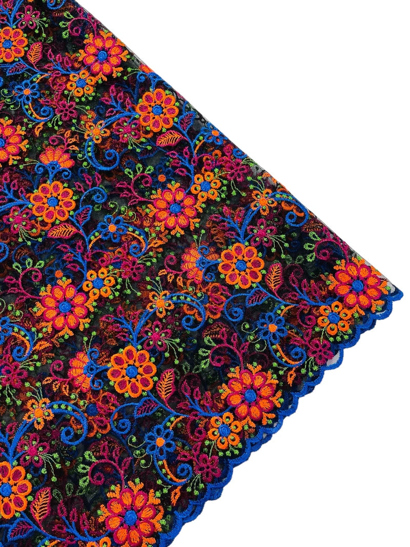 Floral Multi-Color Lace Fabric - Royal Blue / Orange / Red - Embroidered Design Lace By Yard