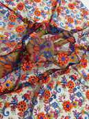 Floral Multi-Color Lace Fabric - Royal Blue / Orange / Red - Embroidered Design Lace By Yard