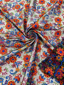 Floral Multi-Color Lace Fabric - Royal Blue / Orange / Red - Embroidered Design Lace By Yard