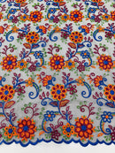 Floral Multi-Color Lace Fabric - Royal Blue / Orange / Red - Embroidered Design Lace By Yard