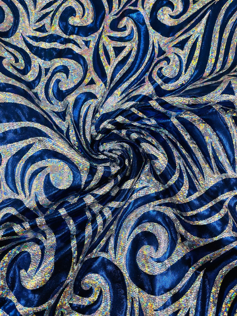 Tribal Swirl Spandex Fabric - Royal Blue / Silver - Hologram Metallic 4-Way Stretch Milliskin Fabric by Yard