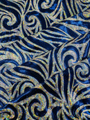 Tribal Swirl Spandex Fabric - Royal Blue / Silver - Hologram Metallic 4-Way Stretch Milliskin Fabric by Yard