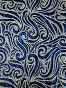 Tribal Swirl Spandex Fabric - Royal Blue / Silver - Hologram Metallic 4-Way Stretch Milliskin Fabric by Yard