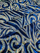 Tribal Swirl Spandex Fabric - Royal Blue / Silver - Hologram Metallic 4-Way Stretch Milliskin Fabric by Yard