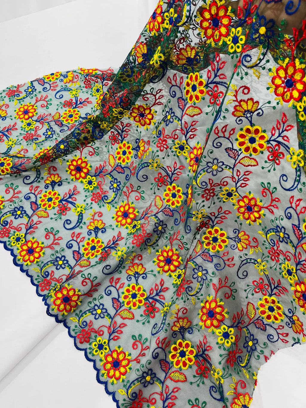Floral Multi-Color Lace Fabric - Royal Blue / Yellow / Red - Embroidered Design Lace By Yard