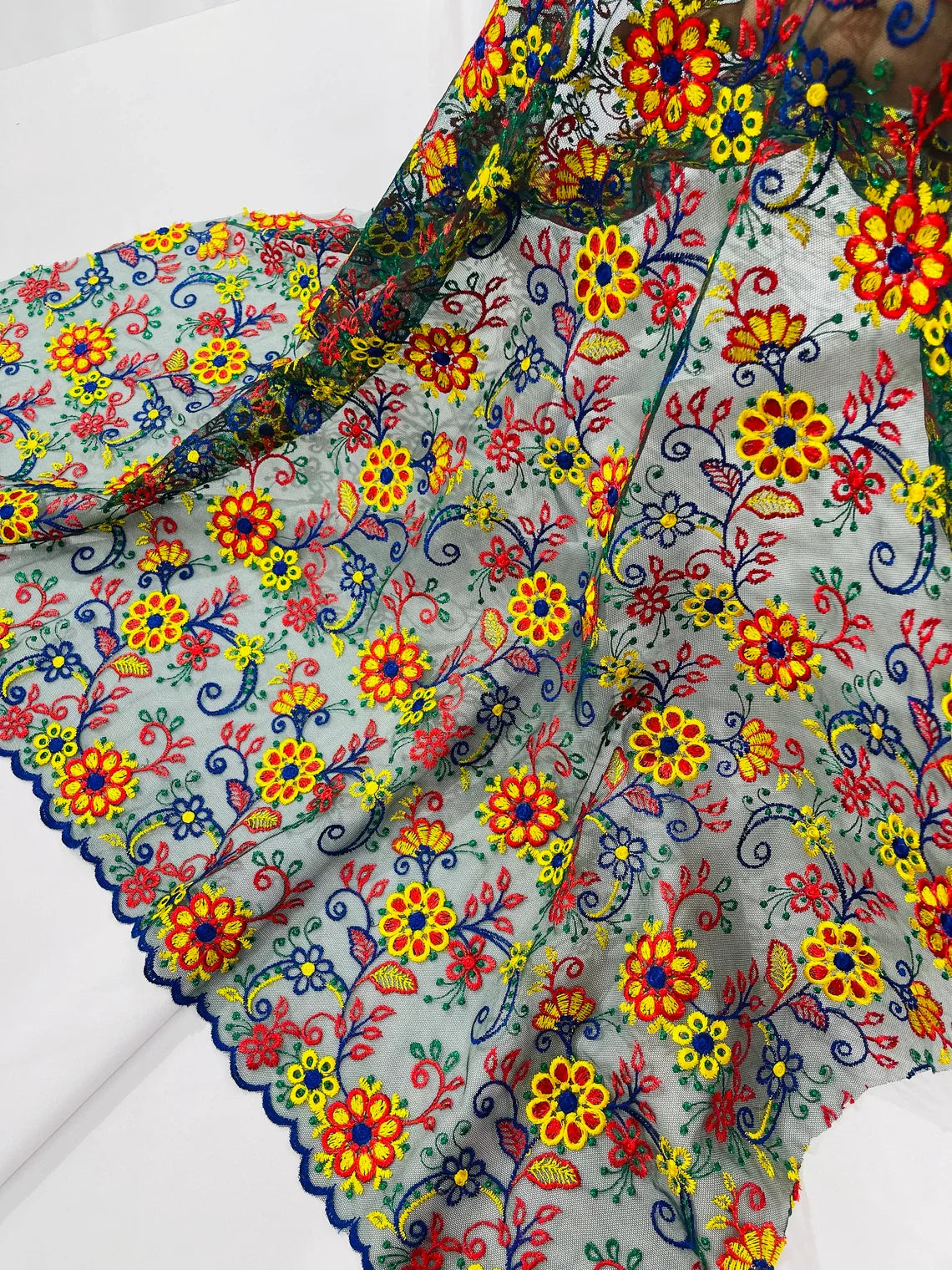 Floral Multi-Color Lace Fabric - Royal Blue / Yellow / Red - Embroidered Design Lace By Yard