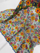Floral Multi-Color Lace Fabric - Royal Blue / Yellow / Red - Embroidered Design Lace By Yard