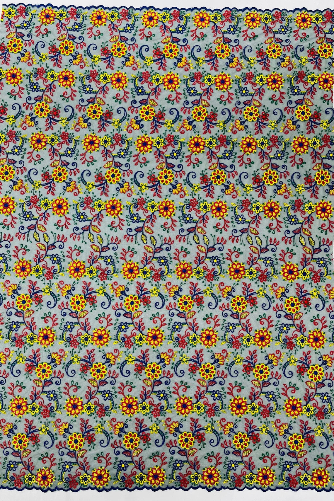 Floral Multi-Color Lace Fabric - Royal Blue / Yellow / Red - Embroidered Design Lace By Yard