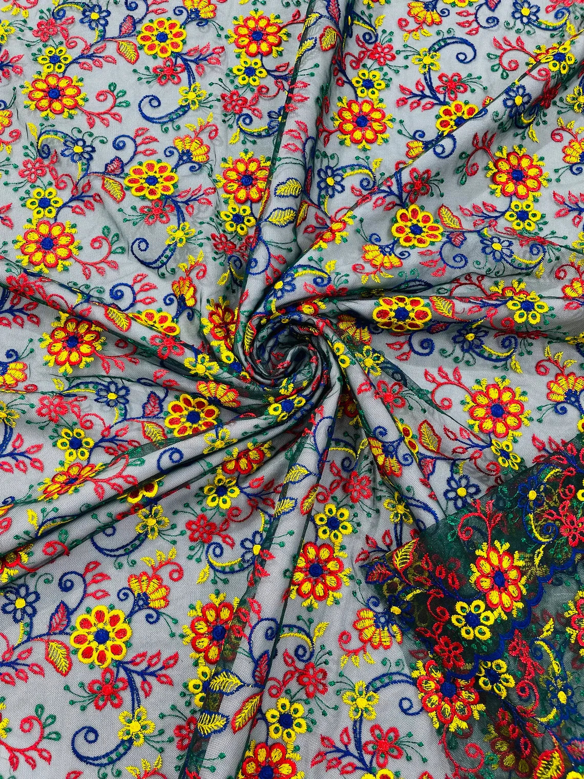 Floral Multi-Color Lace Fabric - Royal Blue / Yellow / Red - Embroidered Design Lace By Yard