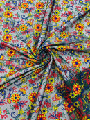 Floral Multi-Color Lace Fabric - Royal Blue / Yellow / Red - Embroidered Design Lace By Yard