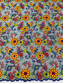 Floral Multi-Color Lace Fabric - Royal Blue / Yellow / Red - Embroidered Design Lace By Yard