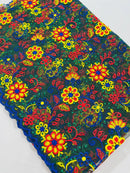 Floral Multi-Color Lace Fabric - Royal Blue / Yellow / Red - Embroidered Design Lace By Yard