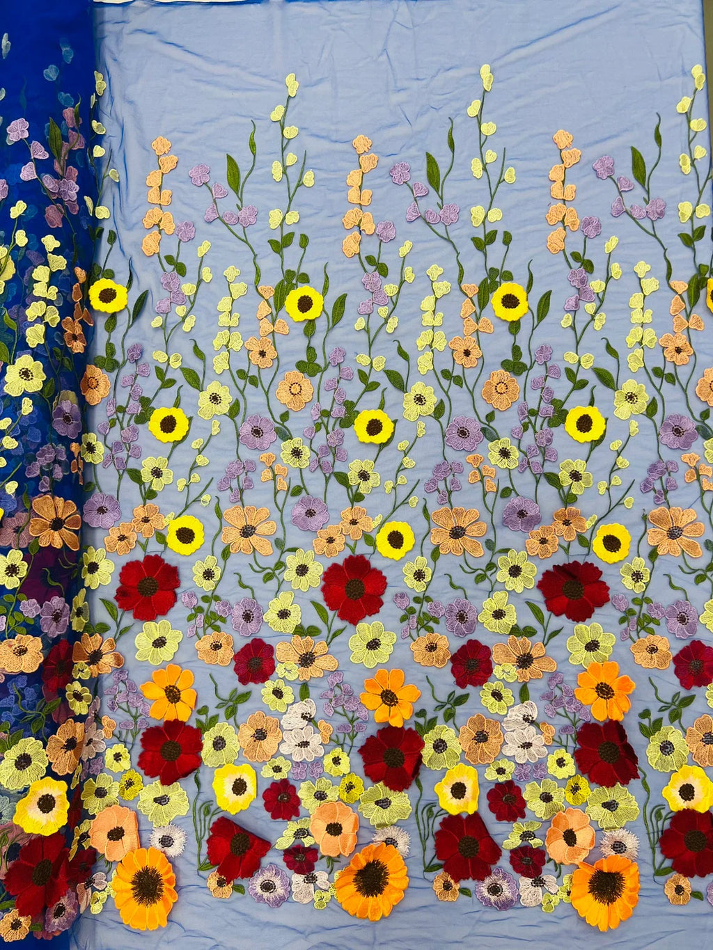 3D Floral and Leaves Embroidery - Royal Blue - Multi Color Flower Design on Mesh by Yard