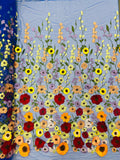 3D Floral and Leaves Embroidery - Royal Blue - Multi Color Flower Design on Mesh by Yard