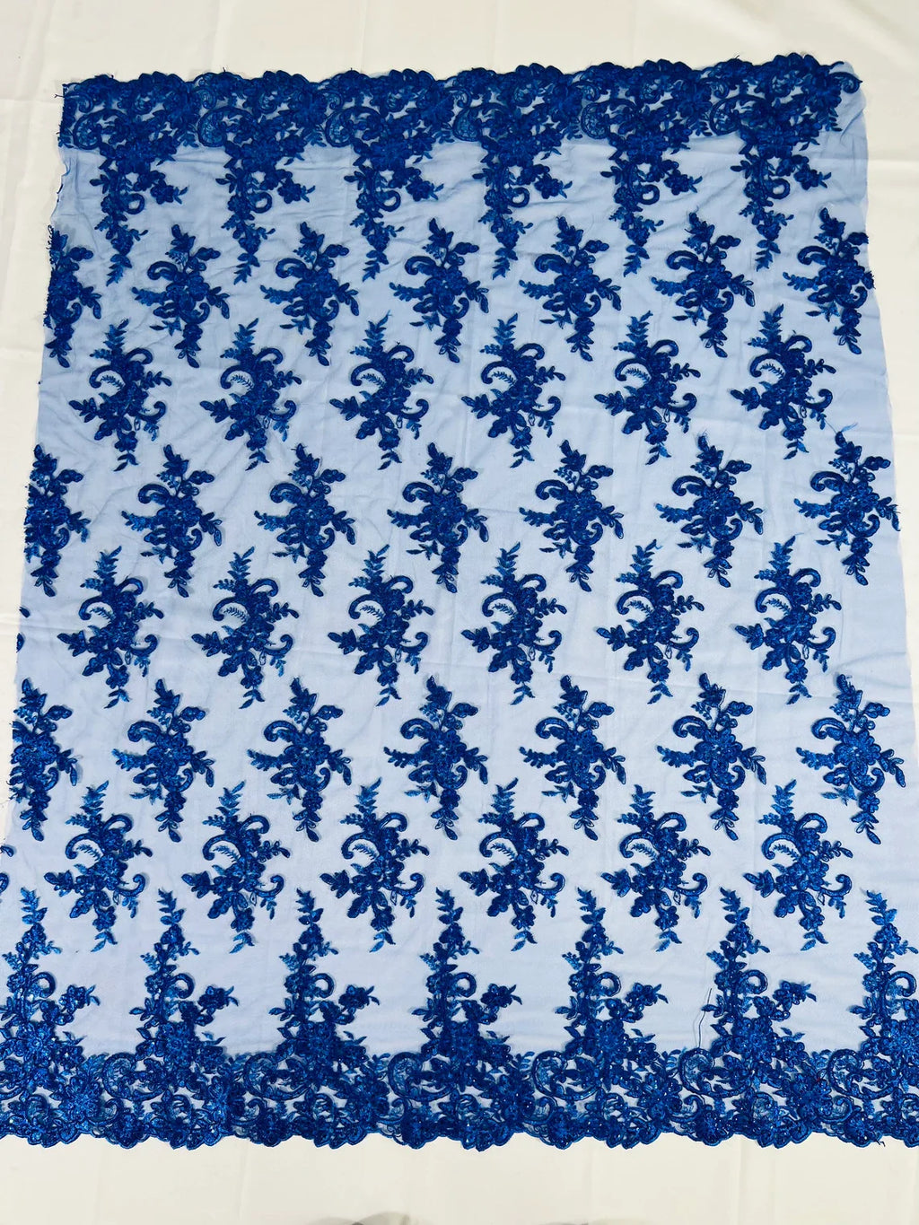 Lace Flower Cluster Fabric - Royal Blue - Embroidered Flower With Sequins on a Mesh Lace Fabric By Yard