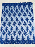 Lace Flower Cluster Fabric - Royal Blue - Embroidered Flower With Sequins on a Mesh Lace Fabric By Yard