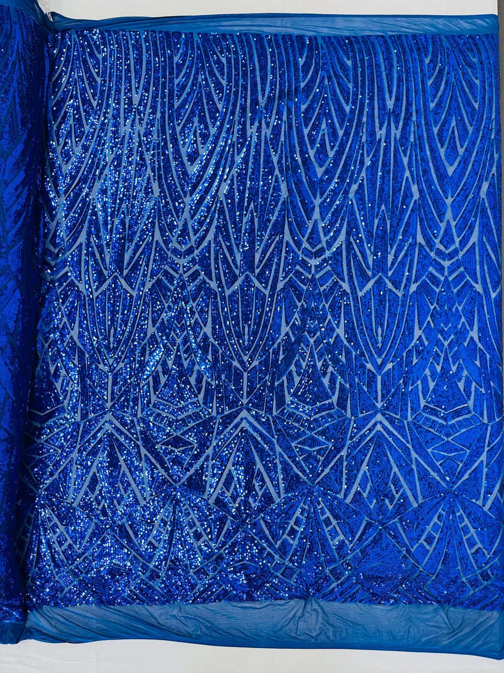 Geometric Fabric - Royal Blue - Geometric Sequins Pattern Design 4 Way Stretch Sold By Yard