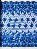3D Floral Pearl Fabric - Royal Blue - 3D Triangle Flower Design on Mesh By Yard