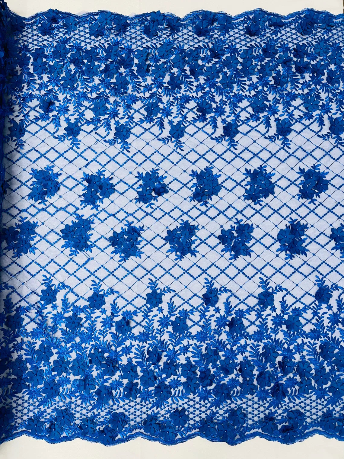 3D Floral Pearl Fabric - Royal Blue - 3D Triangle Flower Design on Mesh By Yard