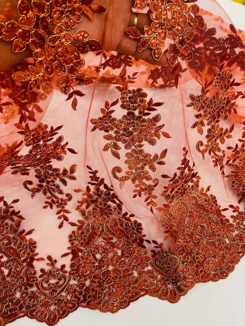 Floral Lace Fabric - Rust - Metallic Floral Design on Lace Mesh Fabric By Yard