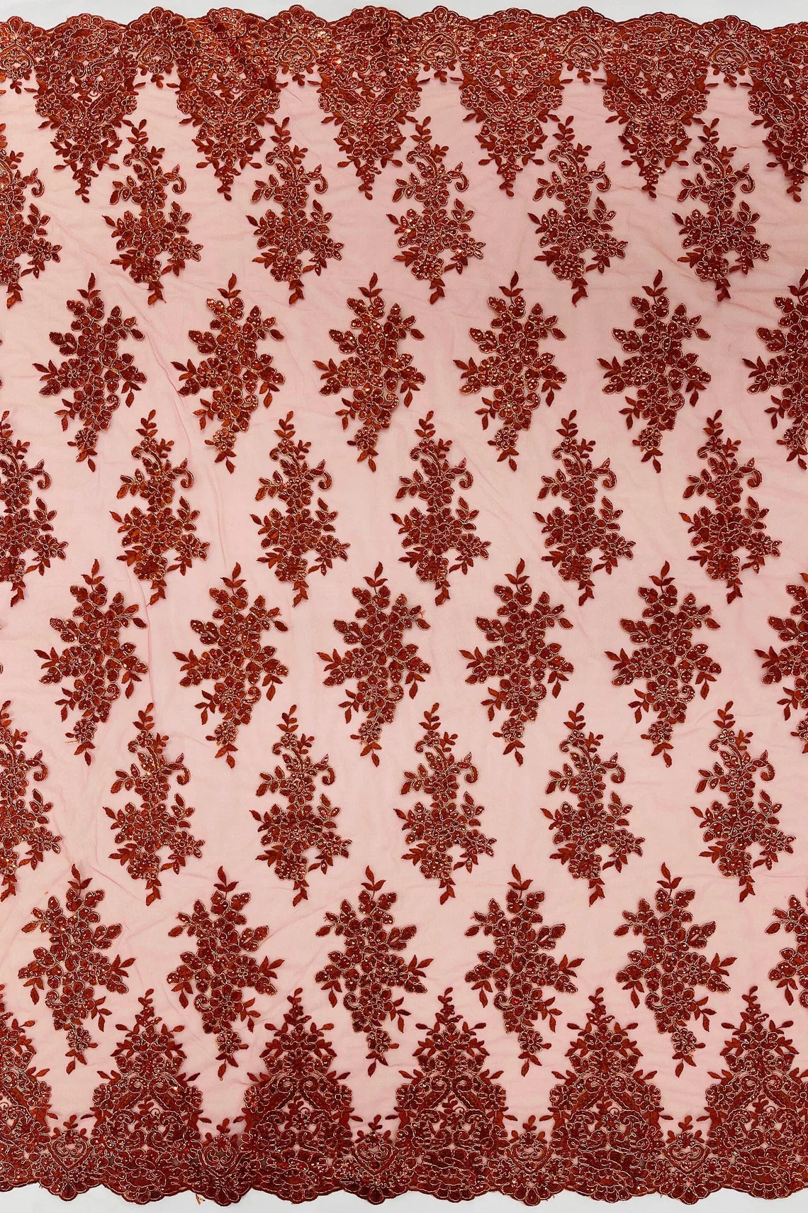 Floral Lace Fabric - Rust - Metallic Floral Design on Lace Mesh Fabric By Yard