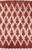 Floral Lace Fabric - Rust - Metallic Floral Design on Lace Mesh Fabric By Yard