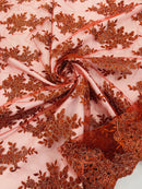 Floral Lace Fabric - Rust - Metallic Floral Design on Lace Mesh Fabric By Yard