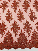 Floral Lace Fabric - Rust - Metallic Floral Design on Lace Mesh Fabric By Yard