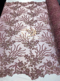 Beaded - Pink - Fancy Flower Design Sequins Fabric with Beads Sold By The Yard