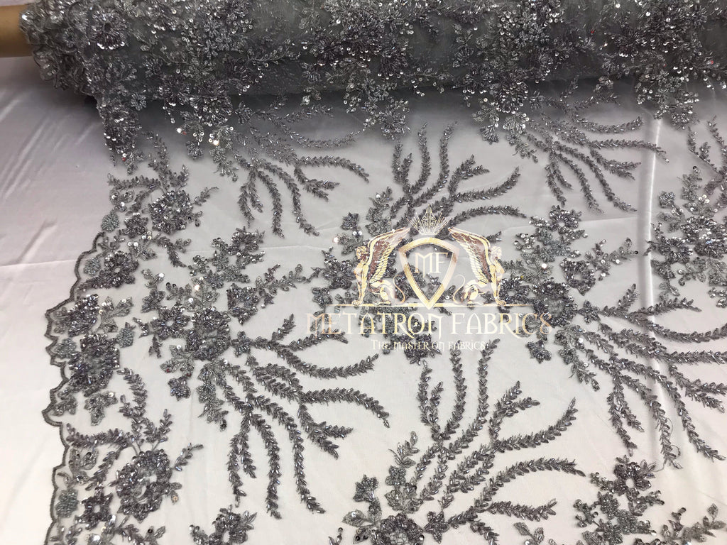 Beaded - Silver - Fancy Flower Design Sequins Fabric with Beads Sold By The Yard