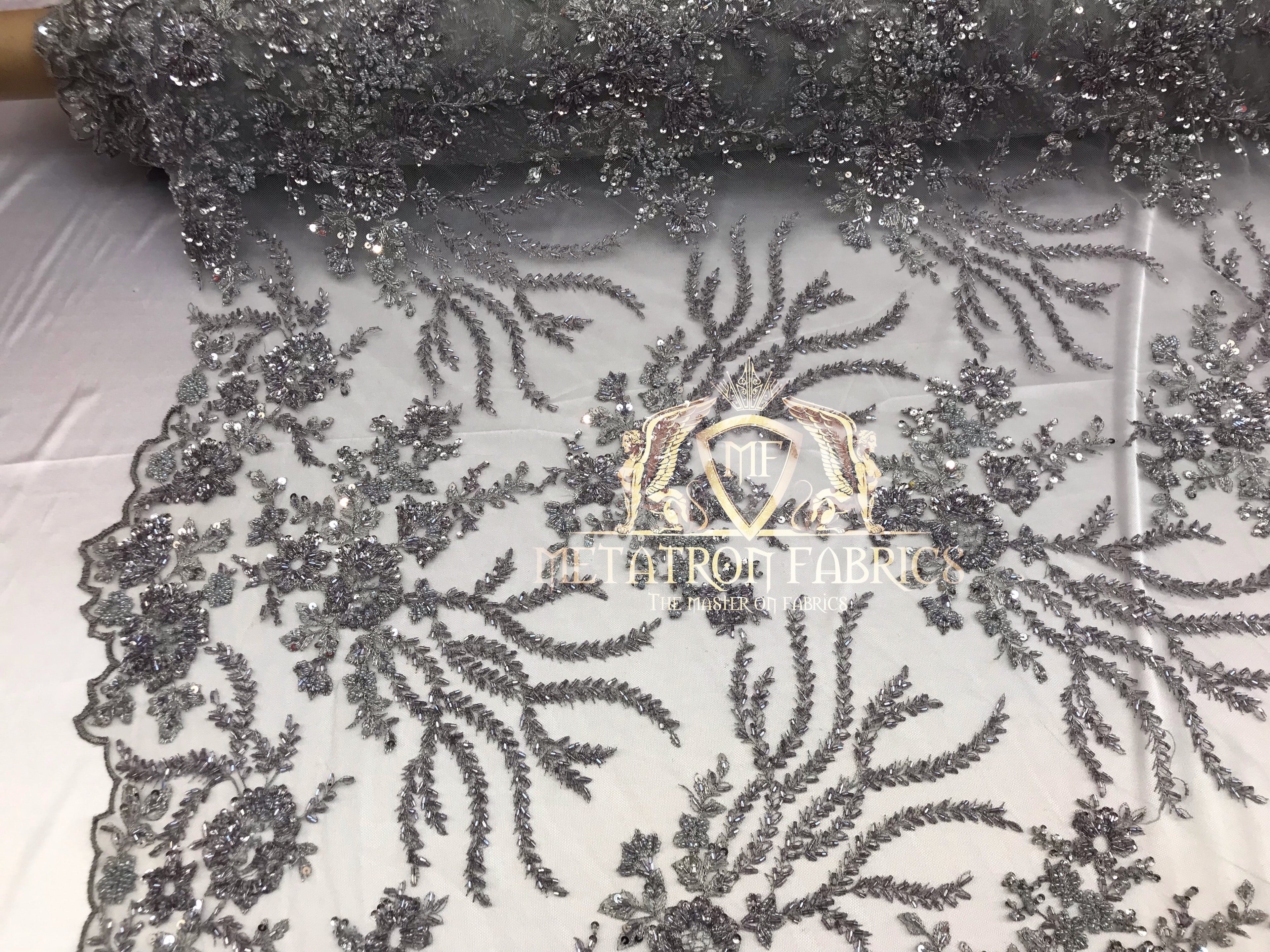 Beaded - Silver - Fancy Flower Design Sequins Fabric with Beads Sold By The Yard