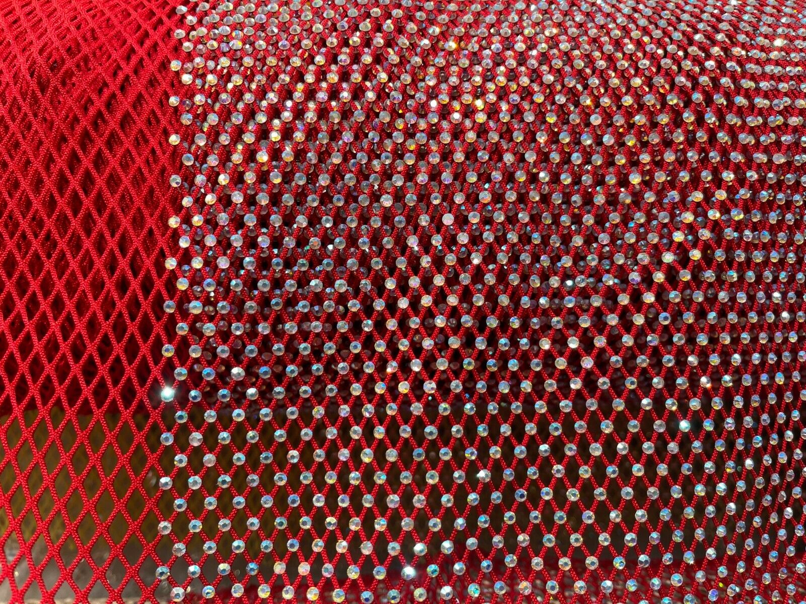 Iridescent Rhinestones Fabric On Stretch Net Fabric, Fish Net with Crystal Stones by yard