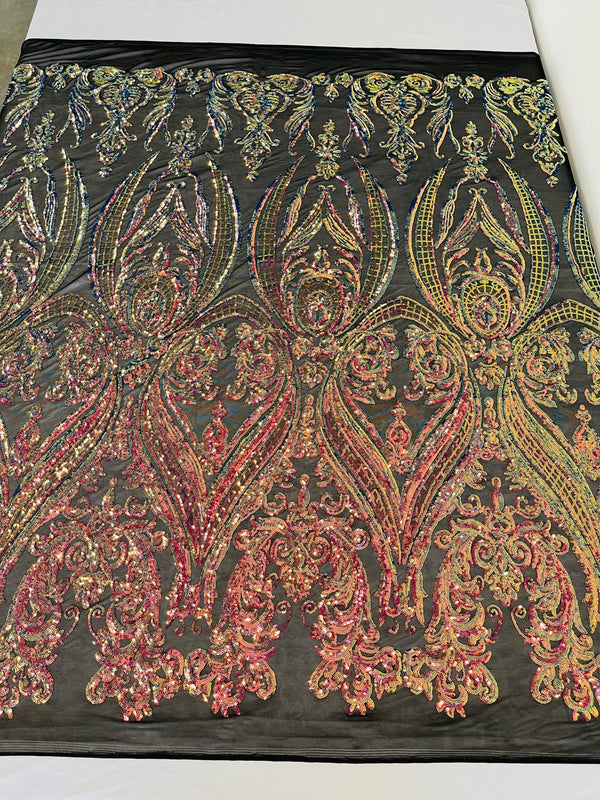 Big Damask Sequins Fabric - Royal Iridescent - 4 Way Stretch Damask Sequins Design Fabric By Yard