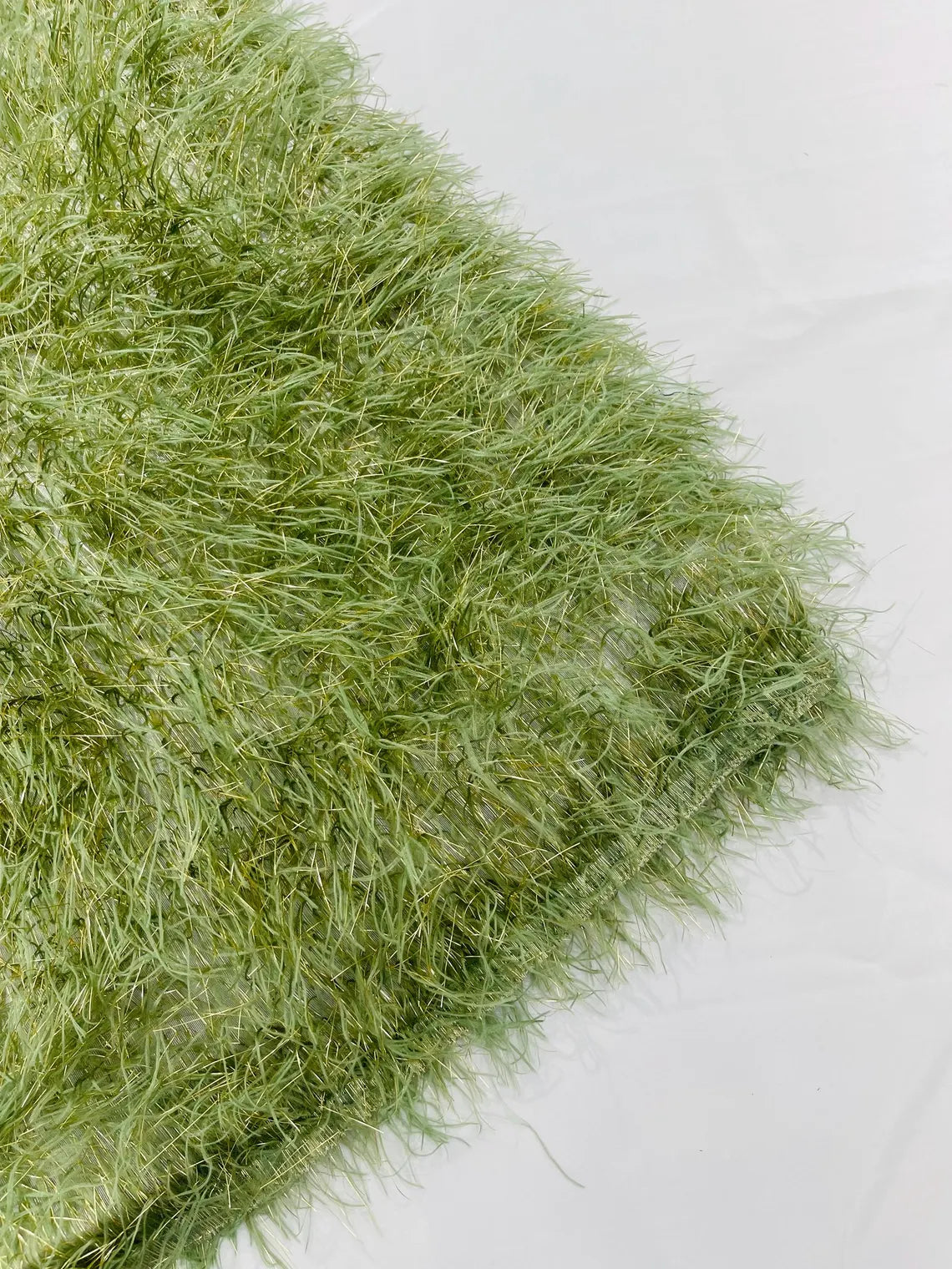 Metallic Eyelash Fabric - Sage Green / Gold - Feather/Eyelash/Fringe Design on Mesh By Yard