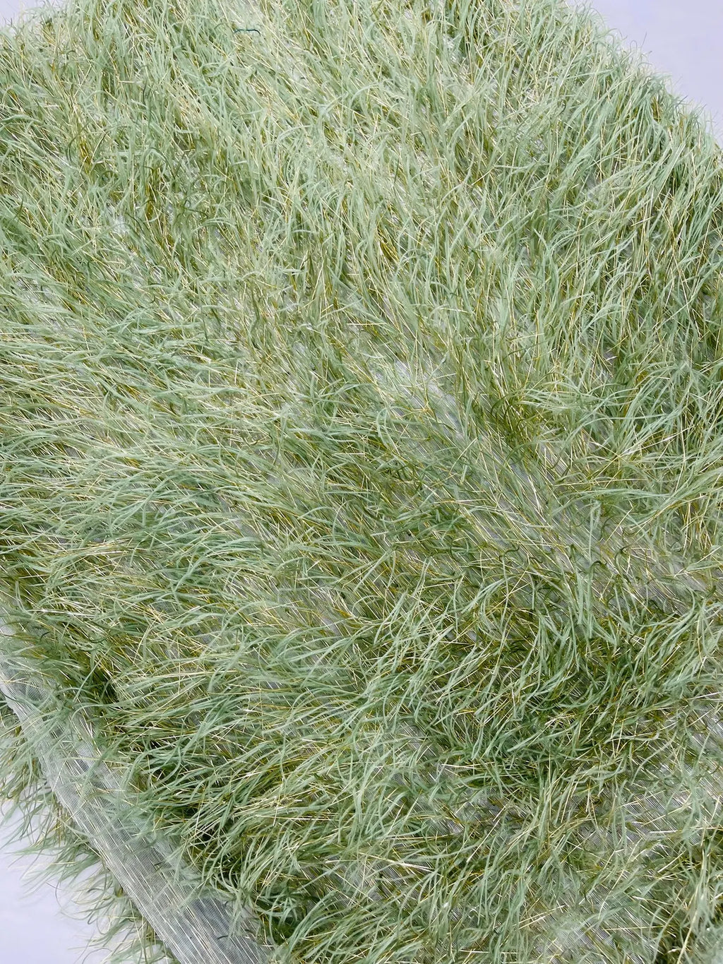 Metallic Eyelash Fabric - Sage Green / Gold - Feather/Eyelash/Fringe Design on Mesh By Yard